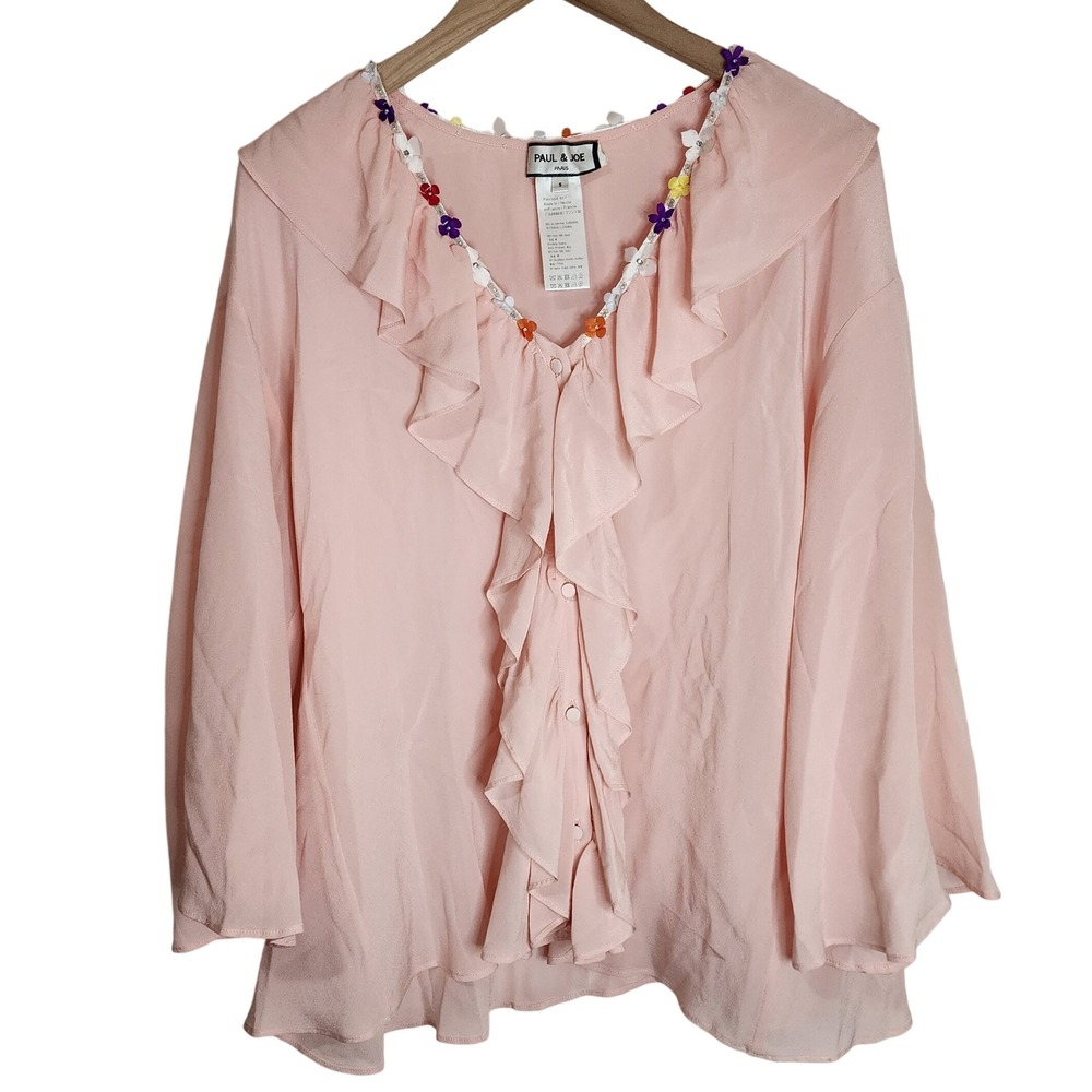 Paul & Joe Paris Blouse Women's Small 100% Silk Floral Flowy Pink